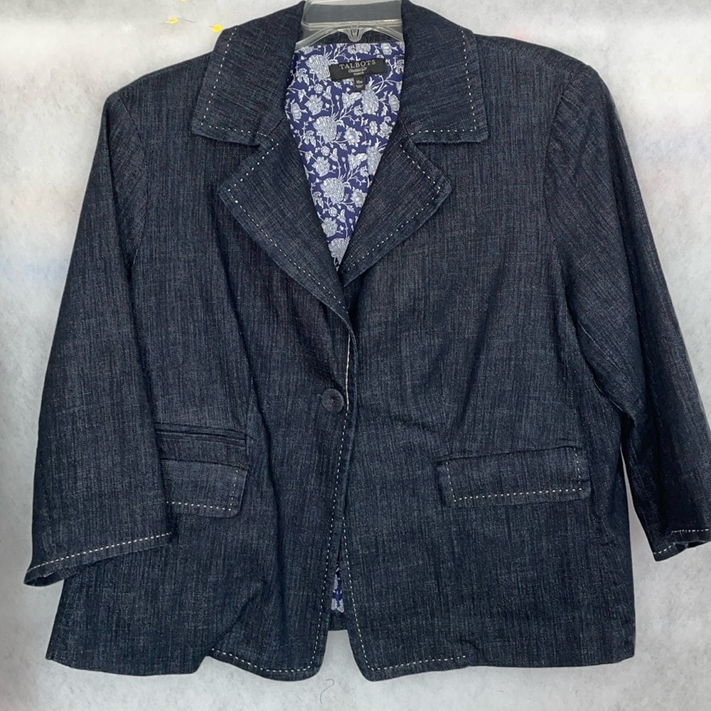 Talbots Dark Blue Denim Jacket with topstitching and great floral lining.